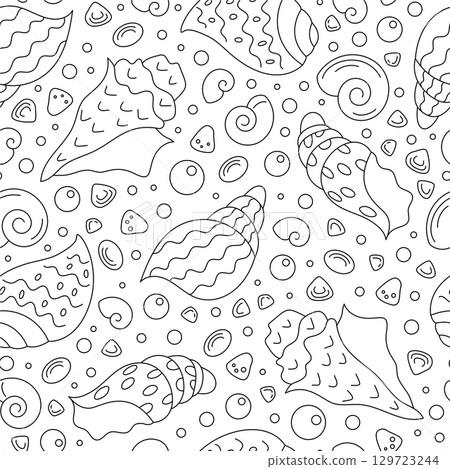 Seamless underwater pattern with seashells and conch in outline silhouette. Marine aquatic design with ocean elements and doodle texture. Perfect for sea decorations, backgrounds, summer projects, 129723244