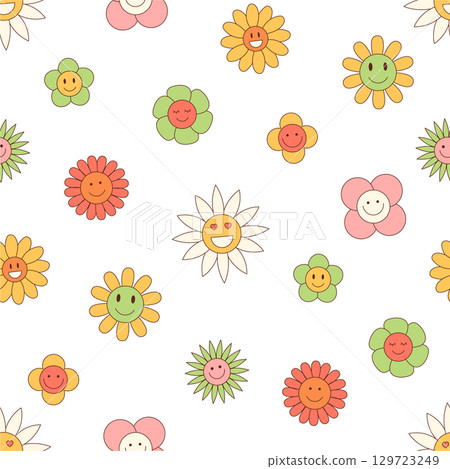 Groovy seamless retro flower pattern background with cute daisy and happy smile. Colorful y2k graphic style forms playful floral design, ideal as vibrant wallpaper or cheerful decor print. Groovy seamless retro flower pattern background with cute daisy and happy smile. Colorful y2k graphic style forms playful floral design, ideal as vibrant wallpaper or cheerful decor print. 129723249