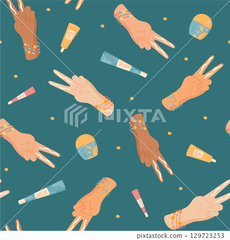 Flat seamless pattern with two finger rule hand shape, sunscreen, spf cream bottle, sunblock lotion, tube on blue background. Summer body product in cartoon flat style, cosmetic care, dermatology Flat seamless pattern with two finger rule hand shape, sunscreen, spf cream bottle, sunblock lotion, tube on blue background. Summer body product in cartoon flat style, cosmetic care, dermatology 129723253