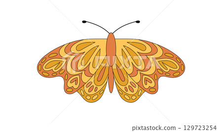 Groovy retro butterfly in funky orange and colorful look. Vintage nature symbol with flower detail. This groovy element adds vibrant graphic style, suitable for y2k themes and creative projects. Groovy retro butterfly in funky orange and colorful look. Vintage nature symbol with flower detail. This groovy element adds vibrant graphic style, suitable for y2k themes and creative projects. 129723254