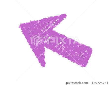 Pink hand drawn swirl crayon arrow in pastel sketch with grunge detail. Doodle element forms dynamic arrow as icon with a vibrant symbol appearance in a modern textured style. 129723261