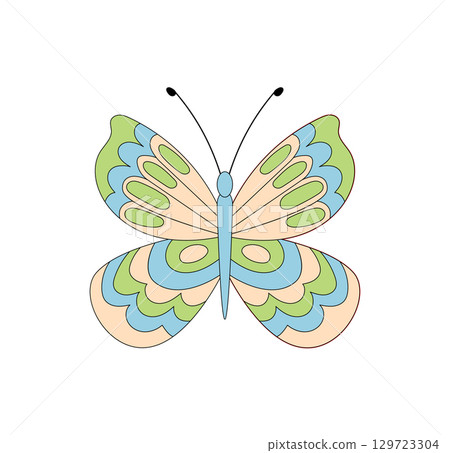 Groovy y2k butterfly with colorful wavy shape forms a funky 70s sticker patch style. Pastel pattern and retro groovy element perfect as a playful design accent. 129723304