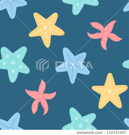 Seamless underwater starfish pattern. Marine shapes and aquatic textures create vibrant ocean background. Cartoon design evokes summer sea life, ideal for decorative projects. 129723307