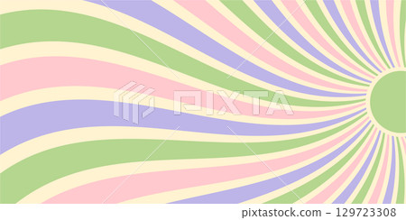 Groovy sun burst with pastel and wavy rays, retro burst art in horizontal orientation. sun and ray shapes create a graphic sunshine background, vintage y2k mood ideal for trendy wallpaper or creative 129723308