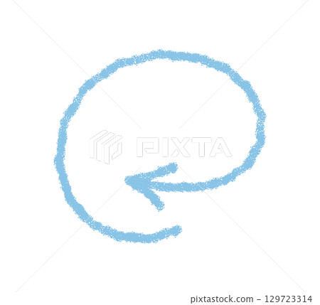 Wavy crayon arrow with hand drawn sketch style creates a bold turn element. Chalk icon in blue, formed with swirl stroke and handdrawn detail, abstract symbol for elegant creative usage. 129723314