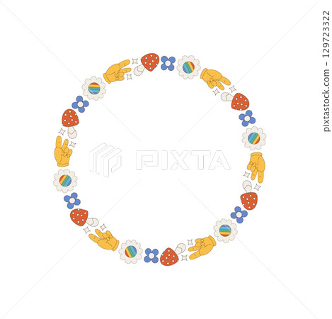 Groovy retro circle border frame with colorful flower, daisy, rainbow, heart, and hand elements pattern. Y2k style frame design adds a fun, playful look for creative modern themes and Groovy retro circle border frame with colorful flower, daisy, rainbow, heart, and hand elements pattern. Y2k style frame design adds a fun, playful look for creative modern themes and 129723322