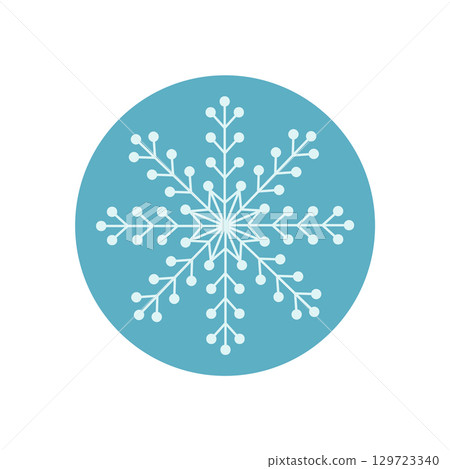 Blue round sticker with snowflake outline icon. Winter ornament as cold icy package lid decoration for christmas. Snow flake style, perfect for seasonal box, holiday seal and product branding. 129723340