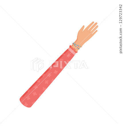 Flat cartoon graphic style raised hand gesture. Open human hand with visible fingers and arm in colorful flat design. Gesture concept symbolizing people, diversity, and connection, suitable for 129723342