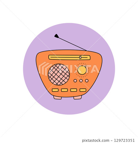 Funky retro orange radio circle sticker with groovy audio and music style. Vintage radio lid forms a playful package graphic with bold y2k sound, ideal for sticker design or product label emblem. 129723351