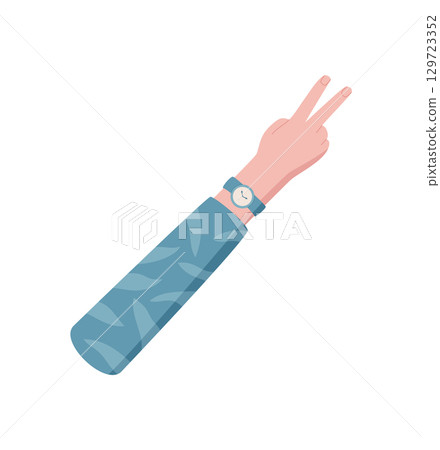 Flat cartoon hand gesture showing two fingers. Palm signal with number two and upraised position. Human arm with sleeve and wrist, perfect for math education concepts. Flat cartoon hand gesture showing two fingers. Palm signal with number two and upraised position. Human arm with sleeve and wrist, perfect for math education concepts. 129723352