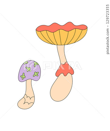 Groovy retro mushroom cartoon fantasy element in colorful y2k style. Magic shroom as a playful plant in nature, with a fun groovy element concept. Vibrant art for creative graphic or cool poster 129723355