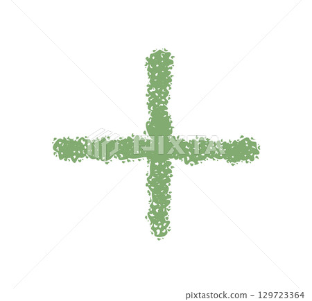 Hand drawn plus cross in green crayon sketch. This punctuation symbol and font mark forms a bold icon and unique character element, artistic for modern alphabet visuals. 129723364