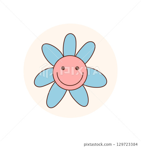 Retro groovy blue daisy sticker in cute cartoon graphic style. Flower with round circle patch and happy smile. Groovy element and y2k lid design give cheerful look for packaging or playful product 129723384
