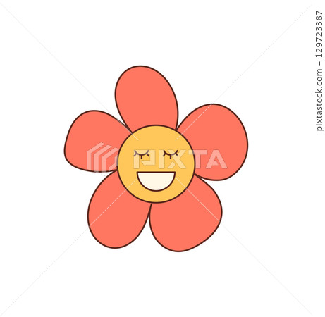 Groovy y2k flower face cartoon sticker in vibrant yellow creates a happy smile. retro groovy element with cute pop style, positive mood and playful character, ideal as a graphic for fun sticker 129723387