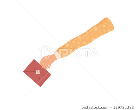 Flat hand holding feedback message. Review icon in isolated format. Hand delivering customer survey envelope. Satisfaction and communication element, perfect for business marketing or client 129723388