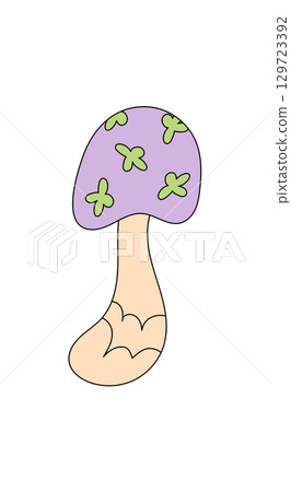 Groovy retro mushroom sticker cartoon in flat psychedelic style with magic shroom vibe. Cartoon element in graphic y2k look, funky as groovy element for colorful pop mood. Groovy retro mushroom sticker cartoon in flat psychedelic style with magic shroom vibe. Cartoon element in graphic y2k look, funky as groovy element for colorful pop mood. 129723392