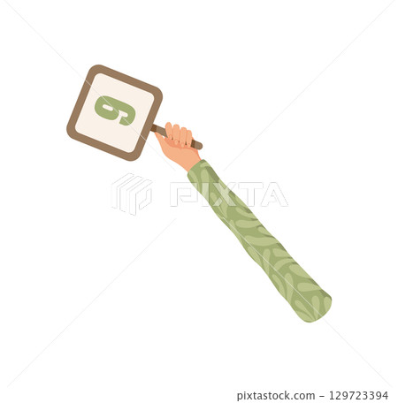 Cartoon hand holding a square nine feedback symbol. Bright arm presenting a positive review or vote for service satisfaction. Modern and clean style highlighting quality, rate, and evaluation. Iconic Cartoon hand holding a square nine feedback symbol. Bright arm presenting a positive review or vote for service satisfaction. Modern and clean style highlighting quality, rate, and evaluation. Iconic 129723394