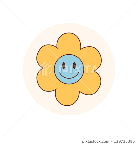 Flat retro groovy flower sticker with cute yellow petal, blue smiley and happy badge in a y2k circle. Cheerful lid element as positive package seal, playful style for modern product and label use. 129723396