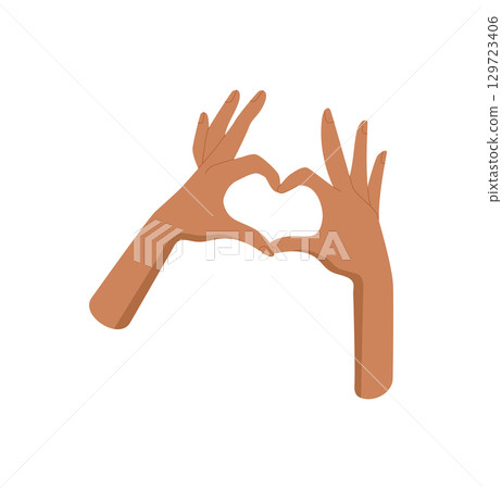 Flat colorful hand gesture forming a heart symbol highlights love and friendship sticker. Human solidarity and unity merge in vibrant art. This design serves as a creative element for banners, cards Flat colorful hand gesture forming a heart symbol highlights love and friendship sticker. Human solidarity and unity merge in vibrant art. This design serves as a creative element for banners, cards 129723406