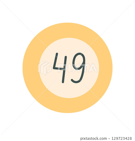 Flat bingo lotto game ball with simple yellow border and pale center. Fun number for boardgame or table play. Entertainment and recreation element in playful style for toy games. 129723428