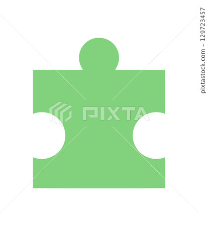 Flat green jigsaw puzzle piece silhouette. Simple puzzle tile for boardgame or table game. Versatile leisure or toy element, playful activity concept, isolated format. Ideal for template graphic use. 129723457