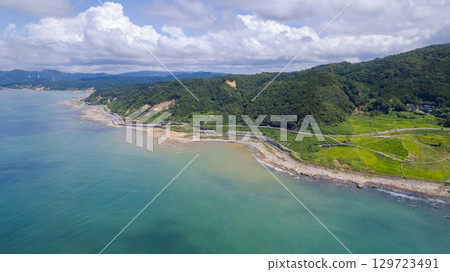 Shiroyone Senmaida rice fields and the uplifted coastline. Shiroyone Senmaida rice fields undergoing restoration following damage caused by the 2024 Noto Peninsula earthquake and heavy rains. Aerial view. Shiroyone Senmaida rice fields and the uplifted coastline. Shiroyone Senmaida rice fields undergoing restoration following damage caused by the 2024 Noto Peninsula earthquake and heavy rains. Aerial view. 129723491