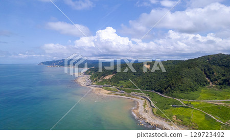 Shiroyone Senmaida rice fields and the uplifted coastline. Shiroyone Senmaida rice fields undergoing restoration following damage caused by the 2024 Noto Peninsula earthquake and heavy rains. Aerial view. Shiroyone Senmaida rice fields and the uplifted coastline. Shiroyone Senmaida rice fields undergoing restoration following damage caused by the 2024 Noto Peninsula earthquake and heavy rains. Aerial view. 129723492