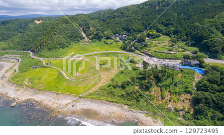 白米千枚田稻田和隆起的海岸線。白米千枚田稻田在2024年能登半島地震和暴雨的破壞後,正在進行修復。鳥瞰圖。 白米千枚田稻田和隆起的海岸線。白米千枚田稻田在2024年能登半島地震和暴雨的破壞後,正在進行修復。鳥瞰圖。 129723495
