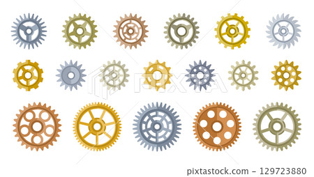 Metallic gear flat set. Toothed wheel different shapes sizes colors styles. Cog mechanism element, engineering detail, industrial. Round precision rotation sprocket machine part. Settings symbol 129723880