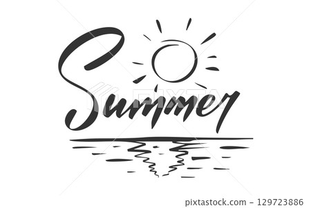 Summer handwritten word by black ink. Glowing sun rays above calm sea reflection ripple horizon sketch style. Brush lettering with shining wave stroke daylight mood heat breeze sunlight ocean beach 129723886