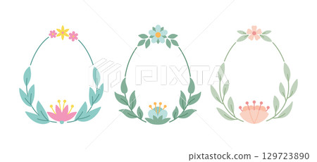 Floral egg shaped frame made of leaves, branches, berries, blossoms. Three oval border forms decorated top and bottom by cute flowers, thin curved stems, botanical accents. Soft flat pastel colors Floral egg shaped frame made of leaves, branches, berries, blossoms. Three oval border forms decorated top and bottom by cute flowers, thin curved stems, botanical accents. Soft flat pastel colors 129723890