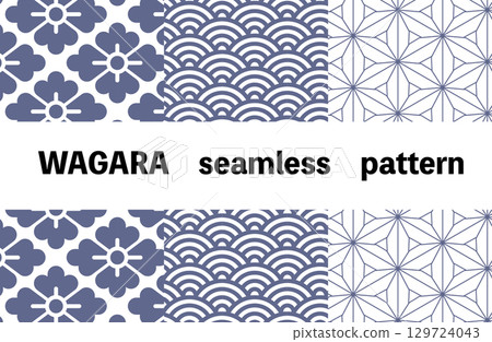 A set of seamless Japanese patterns. A Japanese-style background design combining the Hanabishi pattern, Seigaiha pattern, and Asanoha pattern. 129724043