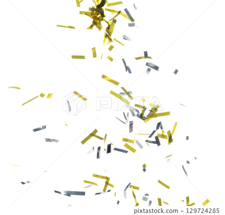 Golden Confetti Foil fall splashing in air. Gold Confetti Foil explosion flying, abstract cloud fly. Many Party glitter scatter in many group. White background isolated high speed shutter freeze 129724285