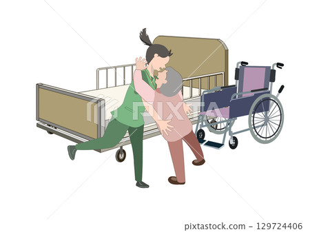 Color illustration of a caregiver helping an elderly person who is about to collapse Color illustration of a caregiver helping an elderly person who is about to collapse 129724406