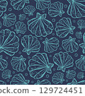 Hand drawn nautical pattern in turquoise on dark background. Shells, pearls in a repeating seamless pattern with sea life. 129724451