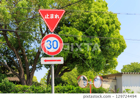 Scenery with "Stop" and a road sign with a speed limit of 30 km 129724494