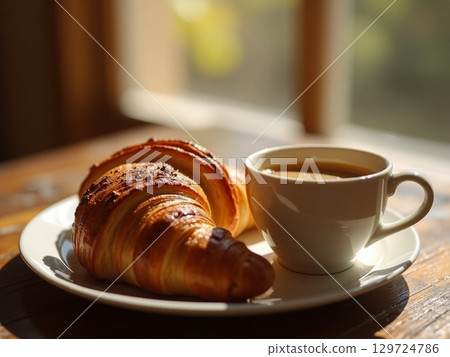 Croissant on plate and a glass of coffee in the morning 129724786