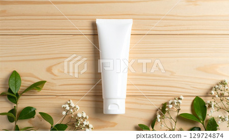 木質背景上有植物裝飾的白色化妝品管，非常適合天然護膚品和化妝品模型 129724874