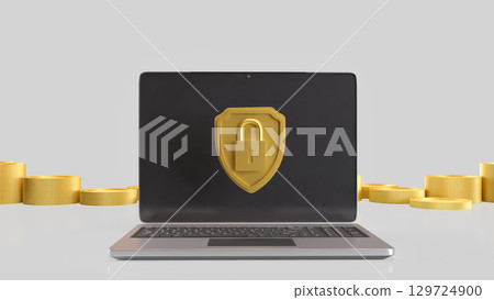 The Gold shield and Laptop for Security concept 3d Rendering. 129724900