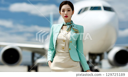 Professional Stewardess Standing Near Airplane Ready for Boarding Professional Stewardess Standing Near Airplane Ready for Boarding 129725189