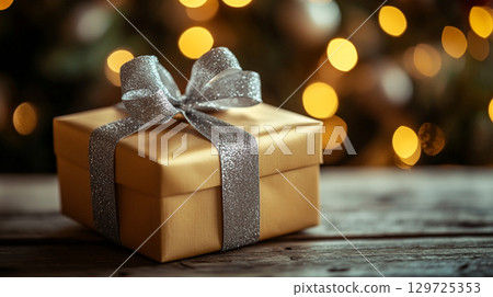 gift box with silver ribbon decoration on wooden table with blurred festive bokeh light on background  129725353