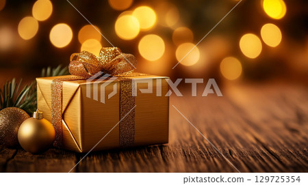 golden gift box with Christmas ornament on wooden table with blur festive bokeh light on background golden gift box with Christmas ornament on wooden table with blur festive bokeh light on background 129725354