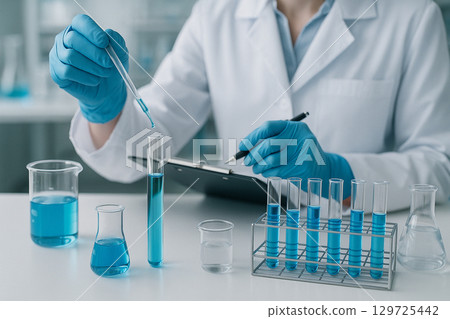 AI generated scientist testing blue chemical liquid in lab environment showing precision safety and professionalism with clean modern atmosphere for scientific research and analysis AI generated scientist testing blue chemical liquid in lab environment showing precision safety and professionalism with clean modern atmosphere for scientific research and analysis 129725442