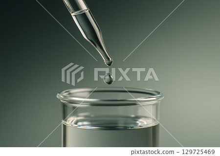 AI generated close up of a clear droplet falling from a dropper into a glass beaker with soft gradient background representing science chemistry and research precision 129725469