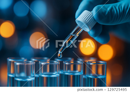 AI generated close up of gloved hand using pipette to release clear liquid into test tubes with bokeh blue and orange lights in background symbolizing precision and innovation AI generated close up of gloved hand using pipette to release clear liquid into test tubes with bokeh blue and orange lights in background symbolizing precision and innovation 129725495