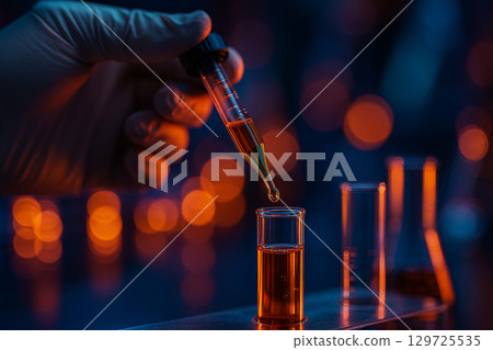 AI generated close up of gloved hands using pipette to transfer golden liquid into test tube with warm and cool bokeh background symbolizing precision and innovation in science 129725535