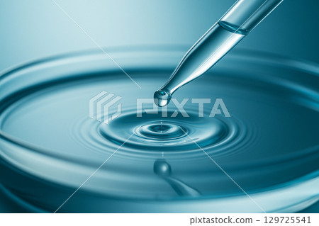 AI generated macro shot of a clear pipette releasing a droplet into still liquid creating delicate ripples symbolizing precision cleanliness and scientific innovation 129725541