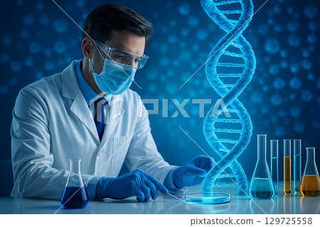 AI generated scientist in modern biotechnology lab wearing safety gear surrounded by glowing DNA helix molecular graphics and colorful liquids symbolizing genetic research and innovation AI generated scientist in modern biotechnology lab wearing safety gear surrounded by glowing DNA helix molecular graphics and colorful liquids symbolizing genetic research and innovation 129725558