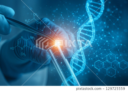 AI generated conceptual image showing gloved hands using tweezers with glowing molecular graphics DNA helix and digital overlays symbolizing advanced biotechnology and precision research 129725559
