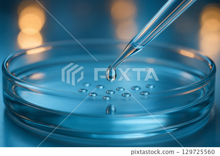 AI generated macro image of a clear pipette releasing a droplet onto aligned drops in a petri dish with soft blue tones and warm bokeh symbolizing precision science cleanliness and innovation 129725560
